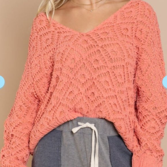 Crochet and Knitted Papaya V Neck Sweater - Picture 11 of 17